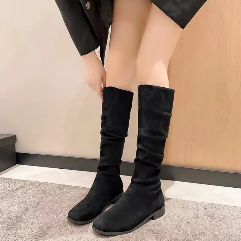 Women's fashion boots stylish round-toed designer high boots, simple nude pleated plus-size women's boots for autumn and winter