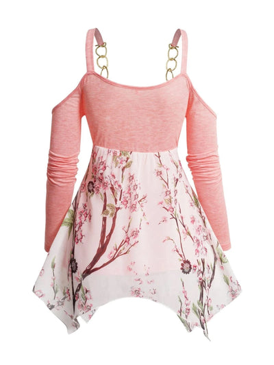 Women Cold Shoulder Blouse Ruffle Flower Branch Printed Irregular Strap Casual Fashion Top 2024 Fashion Top Y2k Clothes