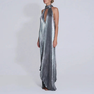 Women Sexy Dresses 2025 Spring Halter Tie-up Backless Hollow Evening Dresses New Summer Solid Loose Pleated Irregular Long Dress