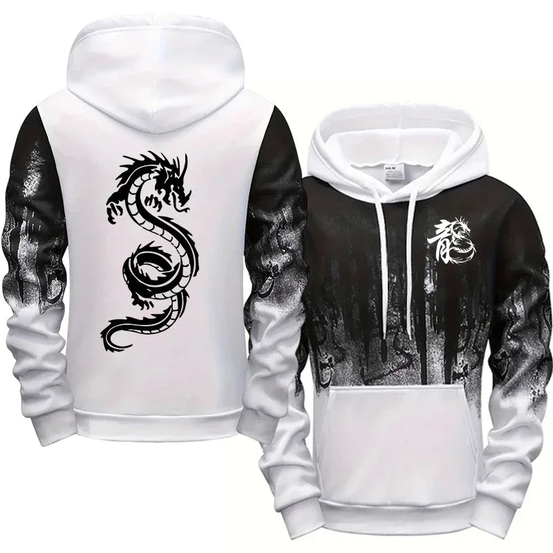 Dragon Printed Hoodies for Men All Season Daily Casual Sporty Pullover 2025 Fashion Ink Splash Design Hooded Sweatshirts