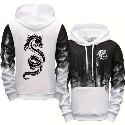 Dragon Printed Hoodies for Men All Season Daily Casual Sporty Pullover 2025 Fashion Ink Splash Design Hooded Sweatshirts