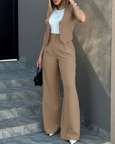 Trousers Suit Women's Vest Trousers Suit Elegant Loose Regular Work Suit High Waist Wide-leg Trousers 2-piece Street Suit