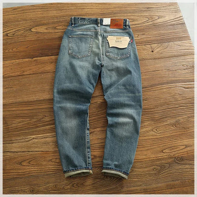 14 oz Red Denim Jeans for Men Retro Slim Straight Stretch made old wash heavy weight hem denim pants trend