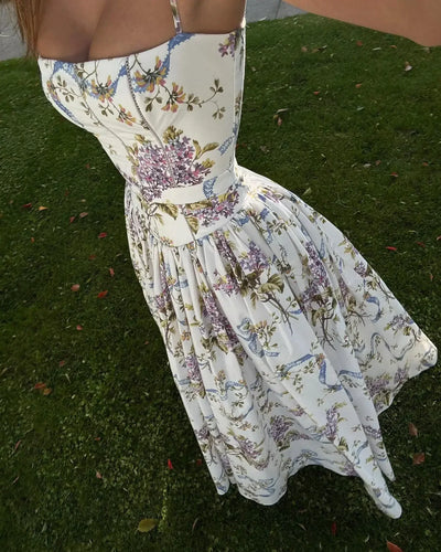 Elegant Women Summer Dresses Floral Printing Strap Backless Sleeveless High Waist Pleated A-line Party Vestidos Chic lady outfit