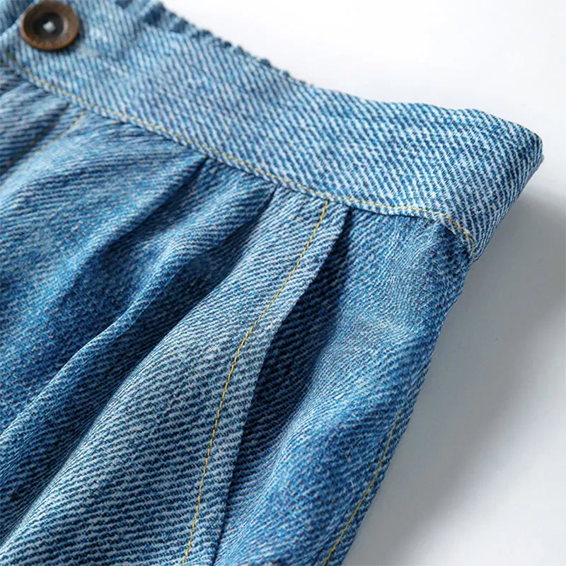 Women Pants 100% Mulberry Silk 16 momme Blue Jeans Printed Pocket Wide Leg Long Trousers Elastic Waist Office Lady M L XL MM858