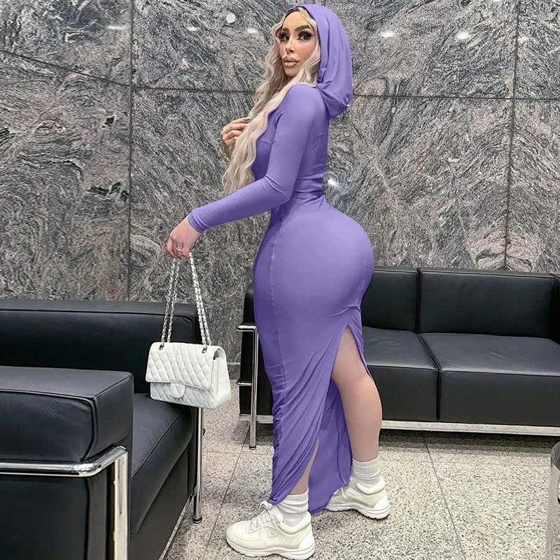 Hooded Long Dress For Women Y2k Clothes Sexy Streetwear Long Sleeve Bodycon Vestidos De Mujer Solid Robe Femme Été Back Split