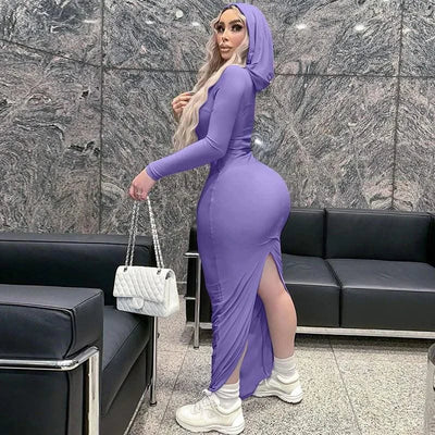 Hooded Long Dress For Women Y2k Clothes Sexy Streetwear Long Sleeve Bodycon Vestidos De Mujer Solid Robe Femme Été Back Split