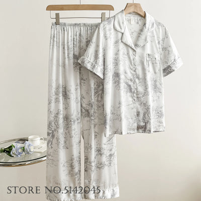 Fashion Elegant Female Pajamas Lounge Wear Set Sexy Print Flower Sleepwear Trouser Suits Spring Summer Loose Satin Home Wear