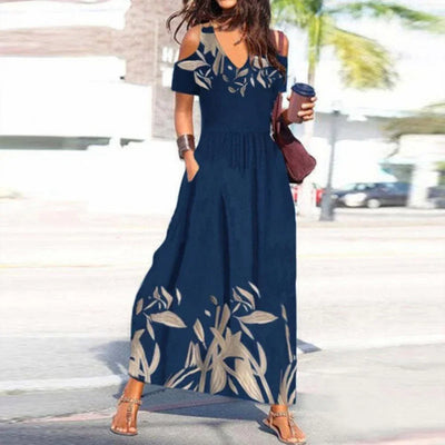 Women Summer Dress Flower Print Hollow Out Short Sleeves V Neck Dress-up Pleated Off Shoulder Soft Maxi Dress Women Clothes