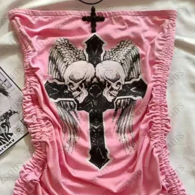 Gothic Dress Women Clothing Pink Skull Cross Y2k Mini Dress Hot Girl Kpop Sexy partysuit Streetwear Grunge Hip hop Punk Dresses