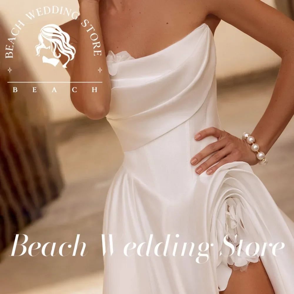 Beach Wedding Store Customized Strapless Satin Wedding Dress with Elegant Asymmetric Ruched Bodice Delicate Flower Applique