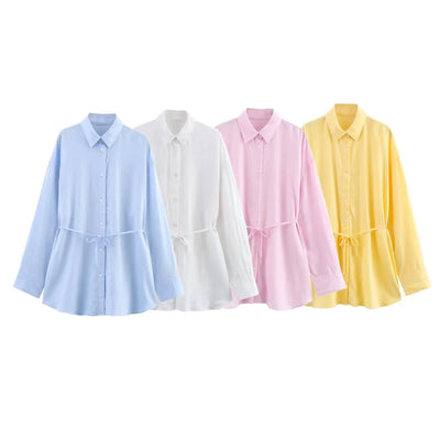 White Shirt For Women Fashion Cotton And Linen Loose Lace Up Blouse Spring Summer 2025 New Long Sleeve Simple Casual Shirts Lady