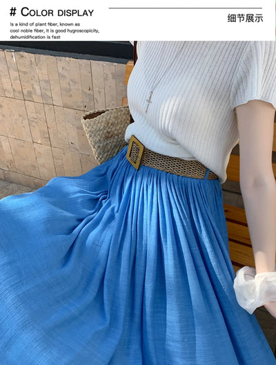 2025 New High Waisted Cotton Linen Pleated Midi Skirt – Summer Flowy A-Line Maxi Skirt for Women, Breathable & Elegant