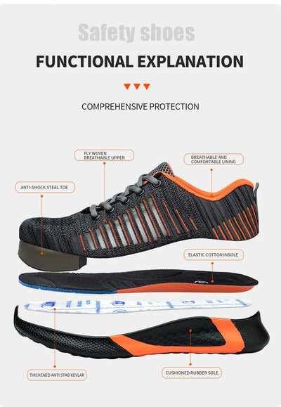 Men's Safety Shoes with Steel Toe Cap Anti-smash Work Sneakers Lightweight Puncture-Resistant Indestructible Breathable Footwear