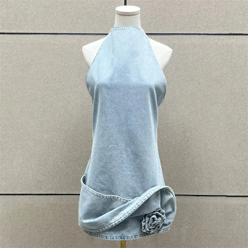 Womens dresses 2025 Summer New 3D Flower Mini Dress pure cotton sleeveless short dresses Sexy backless party dresses Denim dress