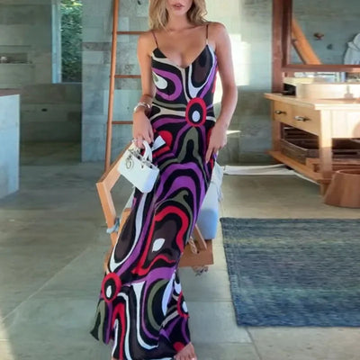 Elegant Sheath Print Satin Robe Dress Woman Sexy Backless Sling V Neck Hollow Hips Dress Summer Boho High Waist Vacation Dresses