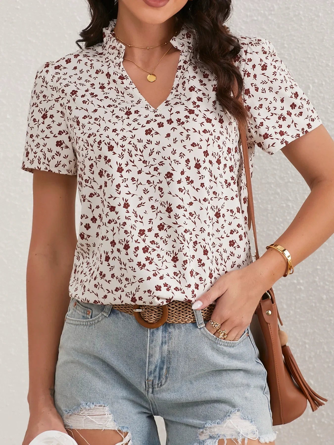 Ladies Ditsy Floral Frill Trim Notch Neck Puff Sleeve Blouse Women Tops Shirts