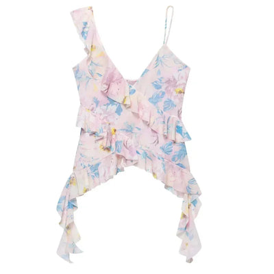 TRAF Leopard Crop Tops For Women Ruffle Sleeveless Printed Tops Summer Backless Tulle Camisole Top Woman Sexy Asymmetrical Top