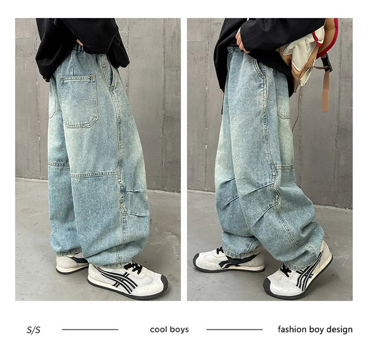 High Quality Luxury Kids Designer Jeans Pants for Children Boy Loose Straight Stylish Denim Trousers 4 5 6 7 8 9 10 11 12 13 14Y