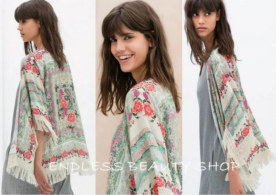 Women Shirts Summer Holiday Boho Floral Print Thin See Through Tassel Half Sleeve Cardigan Beachwear Cape Shirts Woman Tops