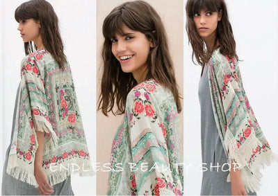 Women Shirts Summer Holiday Boho Floral Print Thin See Through Tassel Half Sleeve Cardigan Beachwear Cape Shirts Woman Tops