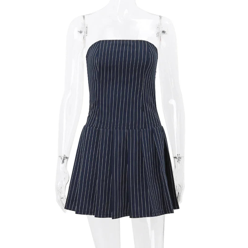 WhereMery Korean Women Fashion A-line Dress Y2K Sleeveless Slash-neck Pleated Stripe Dresses Spring Summer Elegant Slim Vestidos