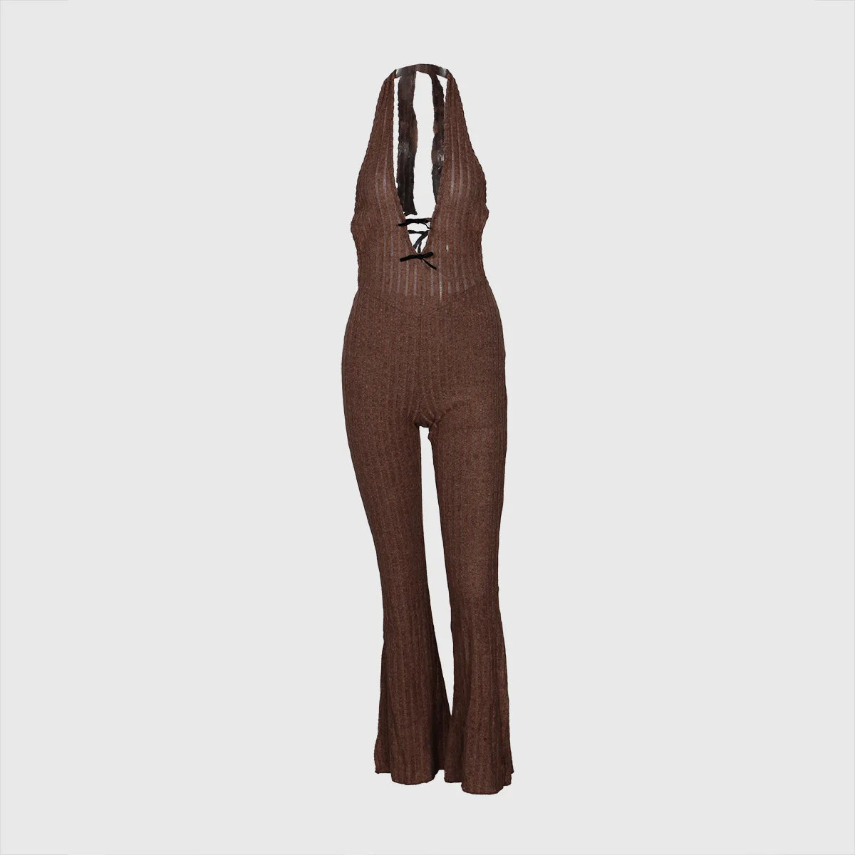Joskaa Knitted Halter Backless Jumpsuit Women Sexy Deep V-Neck Bow Sleeveless Skinny Overalls 2025 Fitness Sportswear Clubwear
