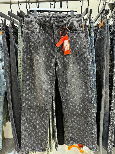 European Designer Jeans Men Ripped Holes Washed Baggy Pants New Fall Straight Fit Wide Leg Bottoms