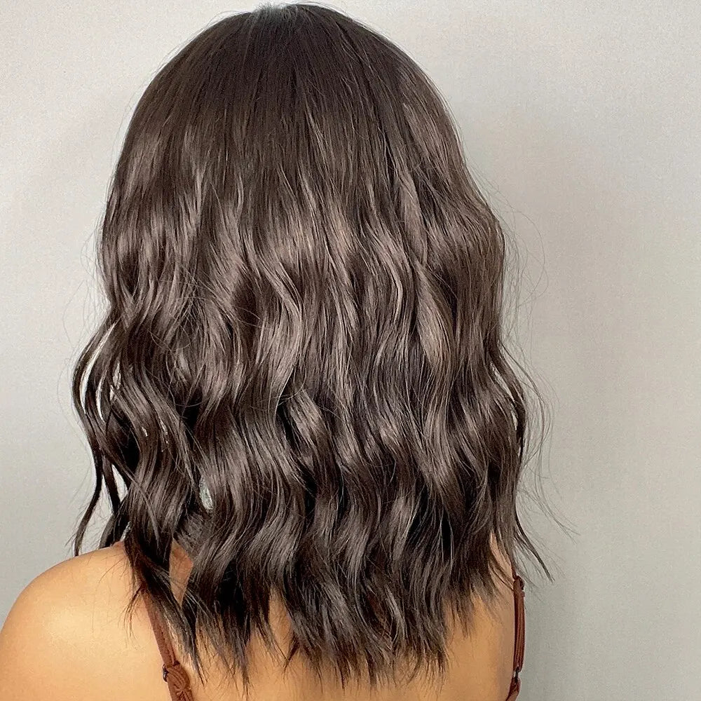 Short Wavy Bob Wigs for Women Dark Brown Bob Natural Synthetic Wig with Bangs for Girl Daily Cosplay Use Heat Resistant