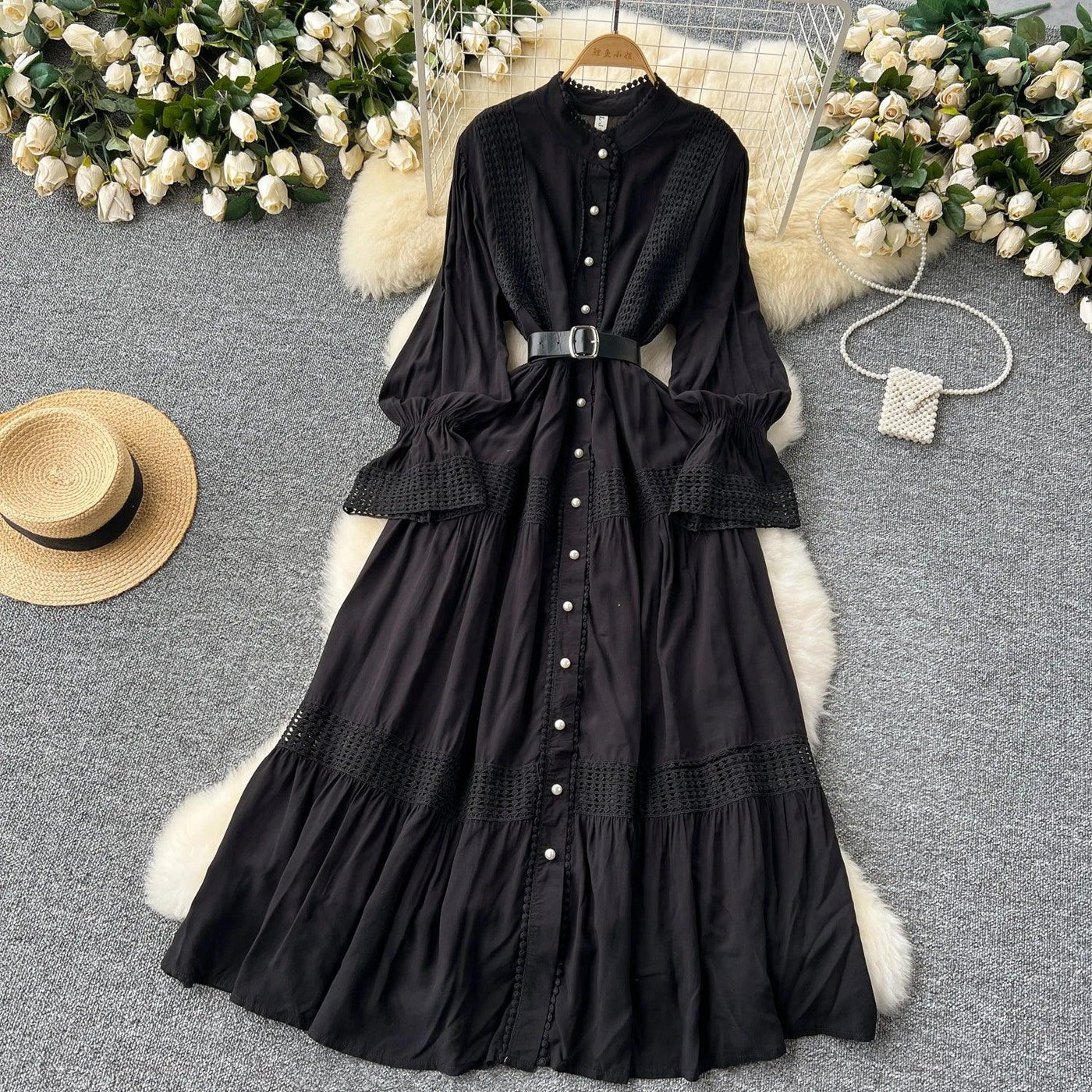 Retro Elegant Summer Stand Collar Flare Sleeve Single Breasted Lace Spliced Dress A-line French Evening Party Women Dresses