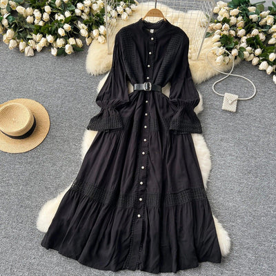 Retro Elegant Summer Stand Collar Flare Sleeve Single Breasted Lace Spliced Dress A-line French Evening Party Women Dresses