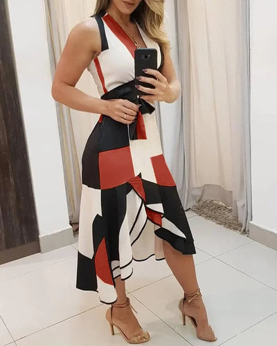 Women's Midi Dress Plus Size Sexy Summer V Neck Empire Belt Tunic 2023 Fashion Geometry Print Irregular Office Ladies Dresses
