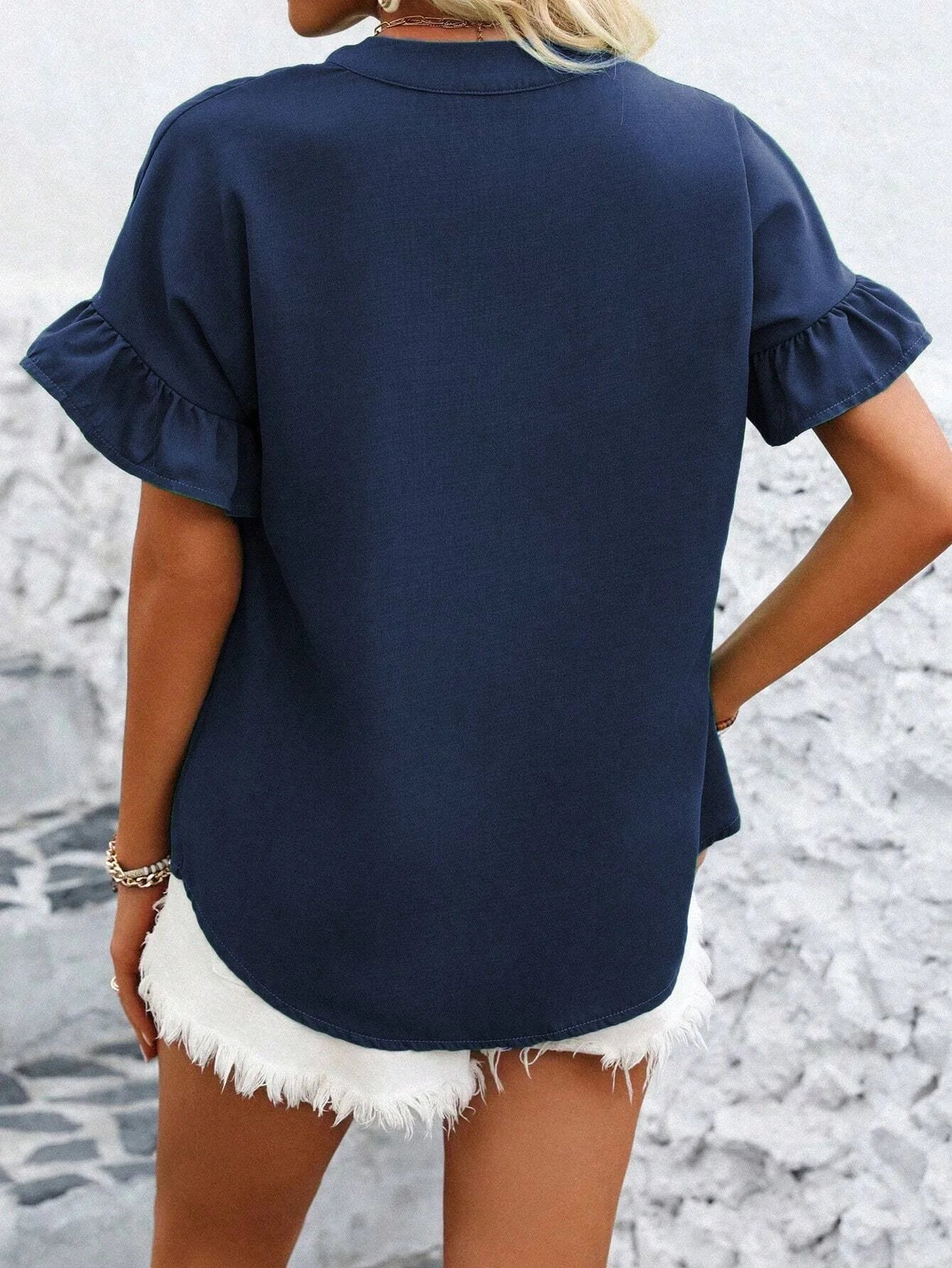 Women Button Solid Cotton Linen Blouses Summer 2025 Fashion Stand Up Short Sleeve Shirts Casual V-Neck Ruffles Office Lady Tops