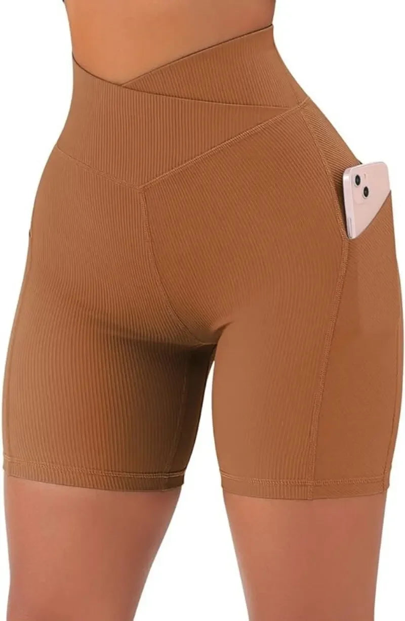 Sports Short Women Cross Workout Yoga Shorts with Pockets 5" High Waist Booty Biker Short