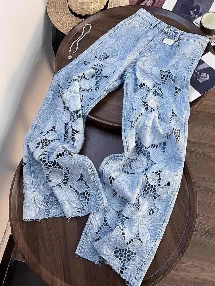 Summer Women Lace Floral Embroidery Wide Leg Denim Pants Spliced Loose Fit High Waist Hollow Out Jeans Streetwear Long Trousers