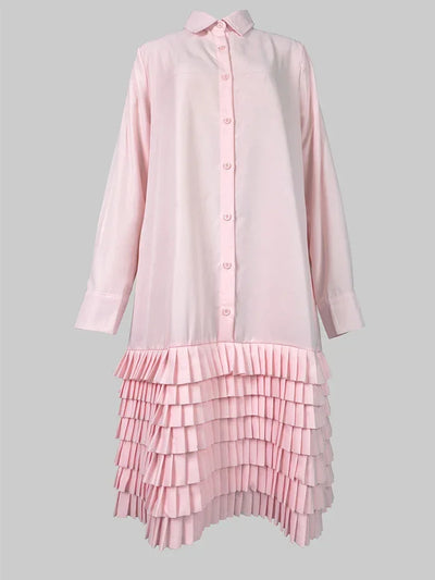 Women’s A-Line Midi Dresses 2024 New Autumn Summer Long Sleeves Layered Pleated Pockets Solid Color Lapel Shirt Dress