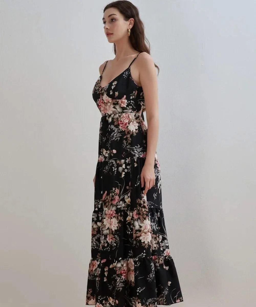 Women's Summer Black Floral V Neck Sleeveless Backless Halter Dress Fashion Elegant Sexy Bow Tie Black Backless Party Dresses