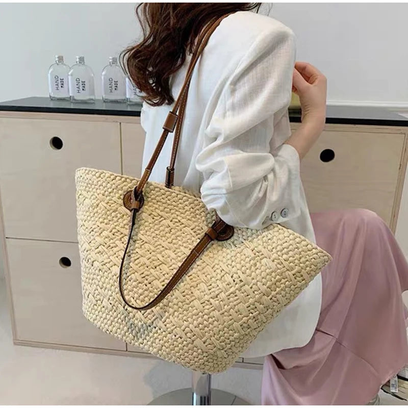 Designer Bohemian Chic Shoulder Bag,Solid Color Large Capacity Straw Woven Tote Bag,Nature-Inspired Beach Vacation Women Handbag