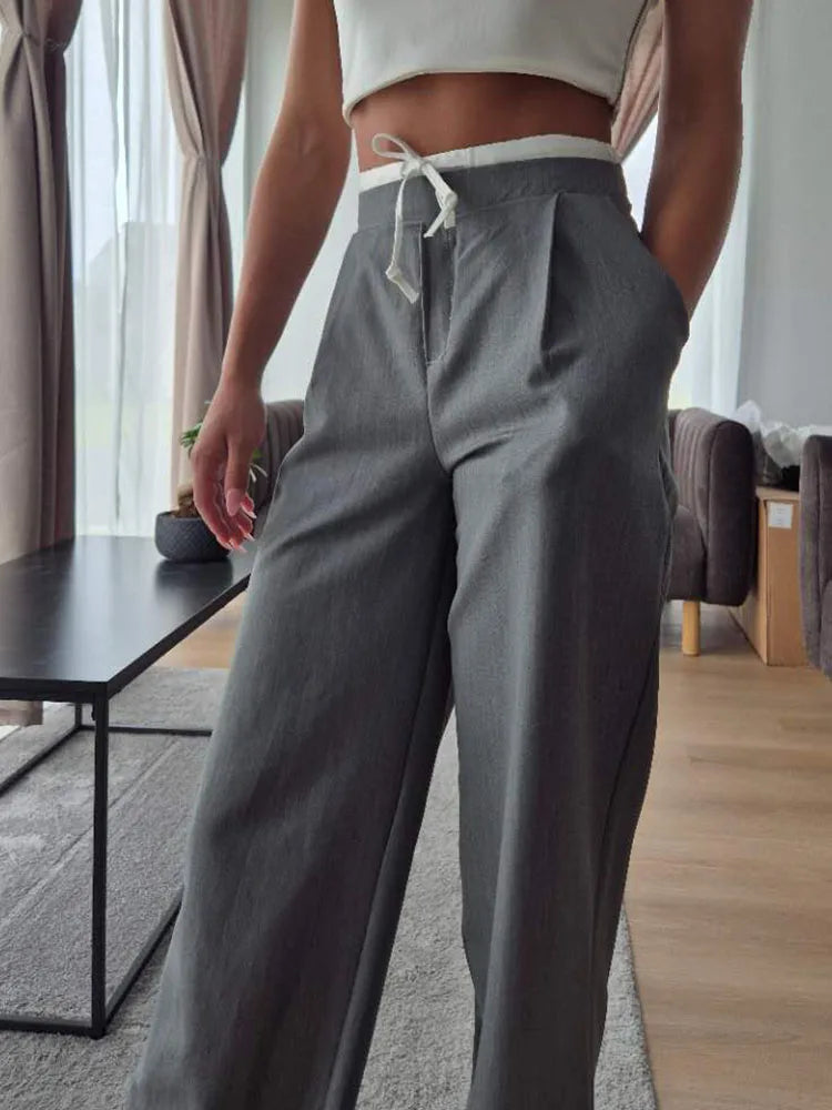 Wide Leg Pants For Women Straight Autumn Coffee Tie Up Casual Trousers Women Gray Loose Pants Ladies Black Trousers Office