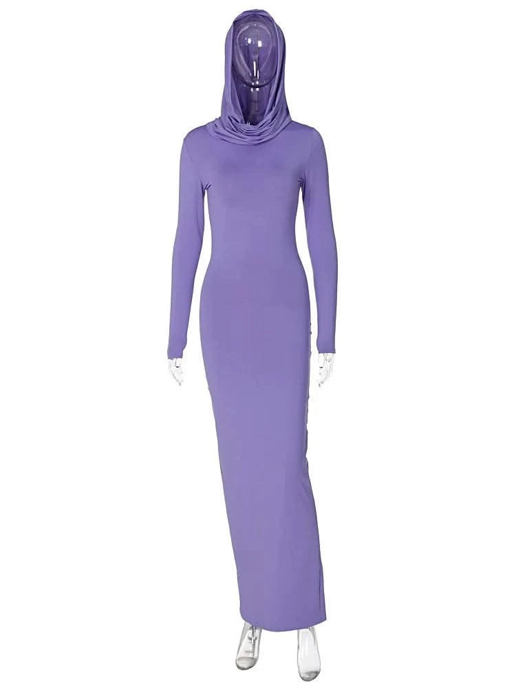 Hooded Long Dress For Women Y2k Clothes Sexy Streetwear Long Sleeve Bodycon Vestidos De Mujer Solid Robe Femme Été Back Split