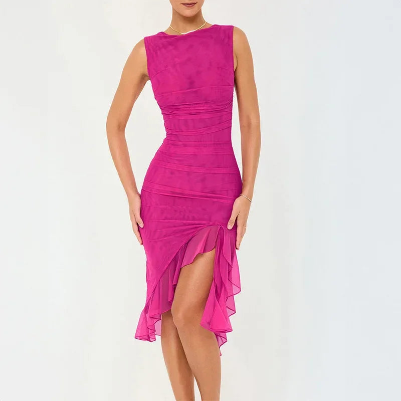 Wefads Women Maxi Dress Summer Elegant Solid Sleeveless Nipped Waist Slim Backless Ruffled Irregular Party Dresses Streetwear
