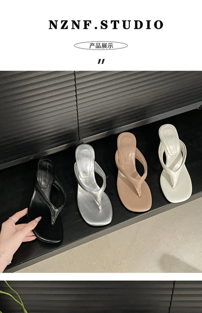 Women High-heeled Slippers 2025 Summer Clip Toe Flip Flop Fashion Pumps French Wedge Sandals Square Toe Ladies Shoes Sandalias