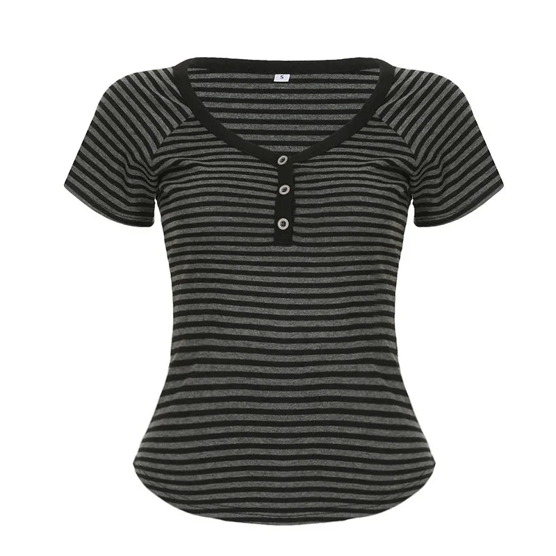 Korean Style Stripe Patchwork Women T-Shirts Short Sleeves Slim Fit Simple Causal Office Lady Clothing
