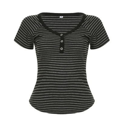 Korean Style Stripe Patchwork Women T-Shirts Short Sleeves Slim Fit Simple Causal Office Lady Clothing