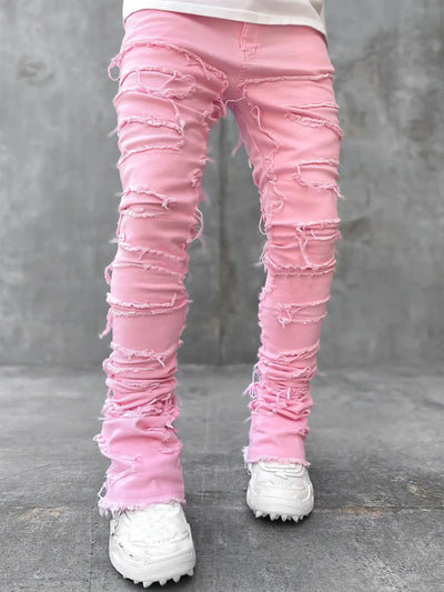 New Fashion Stretch Jeans Man Stacked Jeans Elastic Waist Straight Fit Patchworks Denim Long Pants Fringe Ripped Jeans For Men