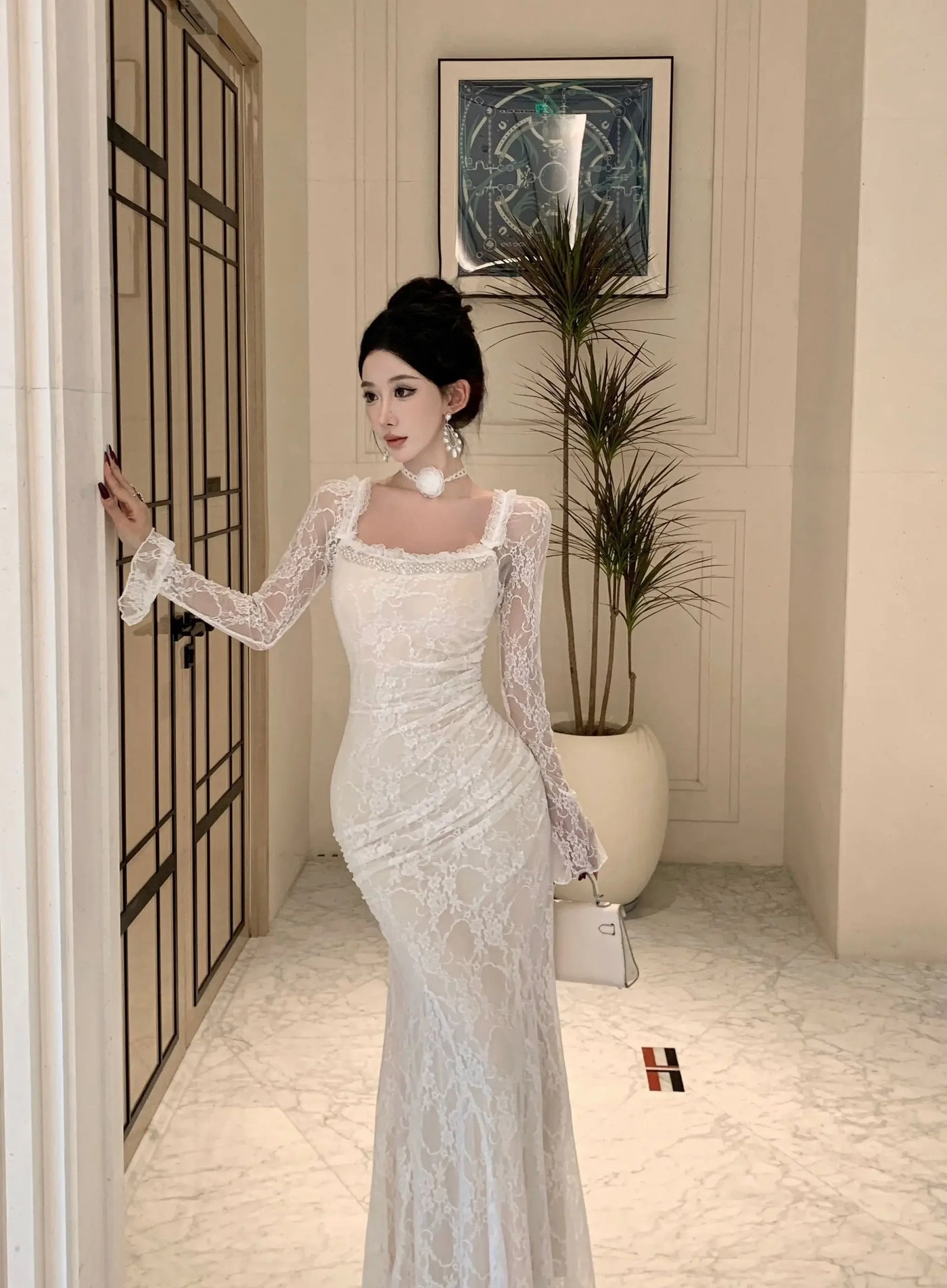 Women Korean Fashion Chic Luxury Evening Dress Autumn Winter White Lace Diamond Square Collar Dress 2025 Elegant Mermaid Dresses