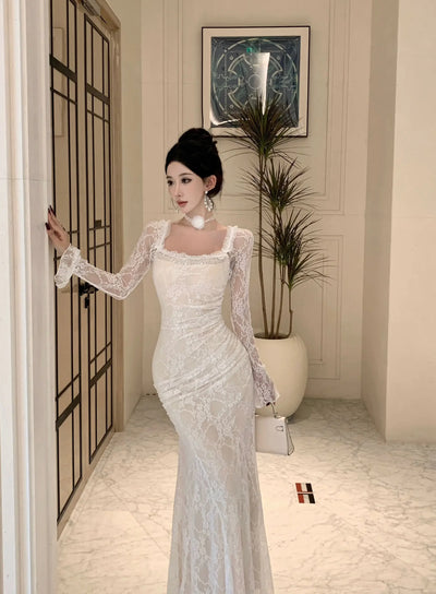 Women Korean Fashion Chic Luxury Evening Dress Autumn Winter White Lace Diamond Square Collar Dress 2025 Elegant Mermaid Dresses