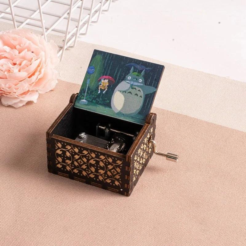 Wooden painted music box, Totoro music gift, ornament, light luxury wooden hand cranked music box