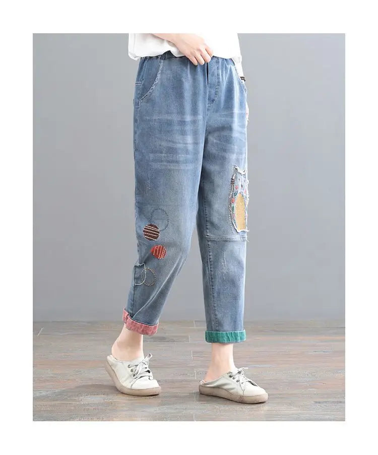High waisted Jeans for women 2025 Spring Autumn New Korean version Loose Embroidered patch fabric Nine point Harem Pants Female