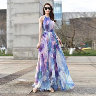 2023 New Floral Summer Sleevelss Suspender Maxi Dress for Women Sexy Backless Beach Purple Boho Robe Femme Sundress Dress Photo